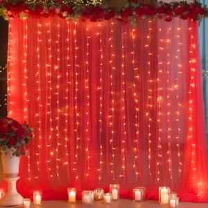 10ft x 10ft Red Backdrop Curtain with Lights String for Parties, Sheer Tulle Wedding Photo Backdrops Drapes for Baby Shower Birthday Party Decorations Background for Photography (W5' x H10'(2 panels))