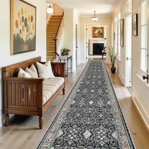 Washable 3x16 Long Hallway Runners: Vintage Soft Runner for Living Room Kitchen Water Resistant Carpet with Non-Slip Backing for Entryway Ultra Thin Mat Bathroom for Bedroom Dining Room(Black,3x16) (3' x 16')