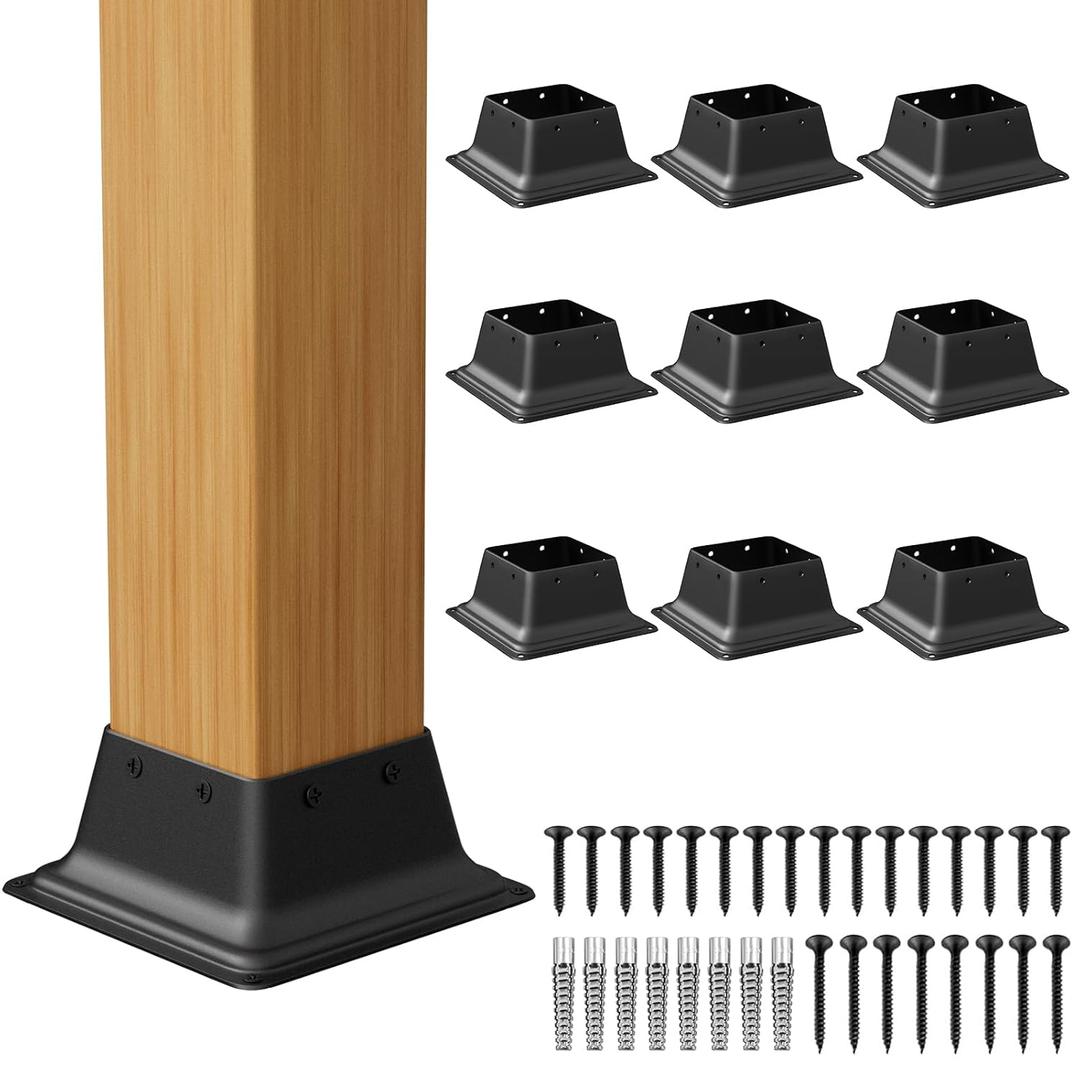 SPACEEUP 4x4 Post Base Cover - Black Square Brackets, 10PCS, 3.6'' x 3.6'' Heavy Duty Steel Deck Post Caps