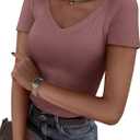 PRETTYGARDEN Women 2026 Spring Tops Trendy Ribbed Short Sleeve V Neck Fitted Basic Tee Shirts Casual Going Out Summer Outfits (XX-Large, Taupe)