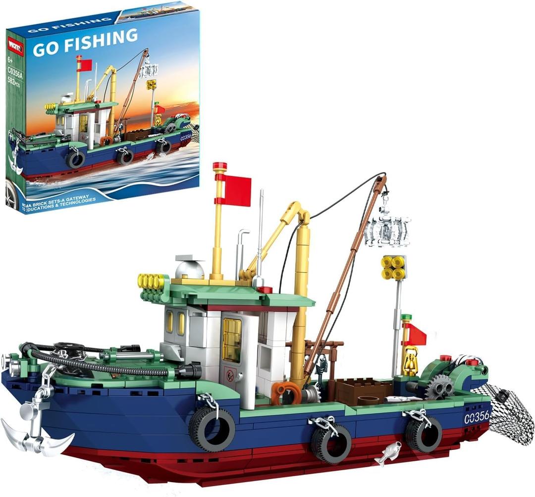 Fishing Boat Building Blocks Sets, Boat Sea Fishing Building Blocks Toy Set Collection Decoration, Gifts for Boys and Girl Ages 6-12 Years Old and up, 582 Pcs (Green)