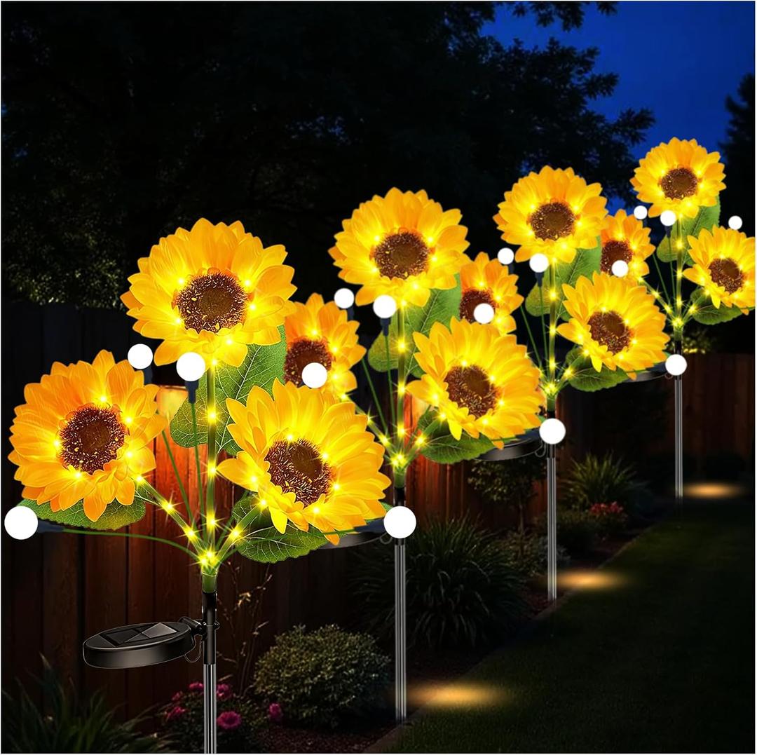 4Pack Solar Sunflower Lights Outdoor - Upgraded 1000mAh Solar Powered Sunflower Firefly Lights Decorations, Waterproof Fabric Sun Flower Pathway Light for Mother Women Birthday Gifts, Garden Dcor