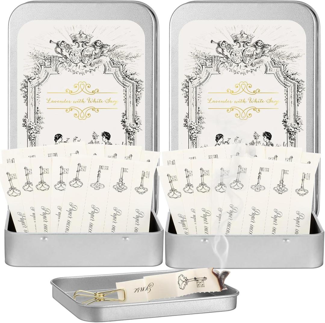 Paper Incense Kits 48 Pcs Lavender with White Sage, Burning Incense Papers with 1 Vintage Tin Case and Clips, Eliminating Bathroom, Kitchen, Pet, Aromatherapy Gifts for Women