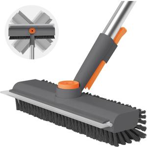 AIR U+ Floor Scrub Brush with Long Handle, Household Cleaning Brush with Right Angled Bristle & Scraper, 360 Swivel Heads, Shower Scrubber for Patio Bathroom Garage Kitchen Wall Deck Tile (1 PACK, Gray)