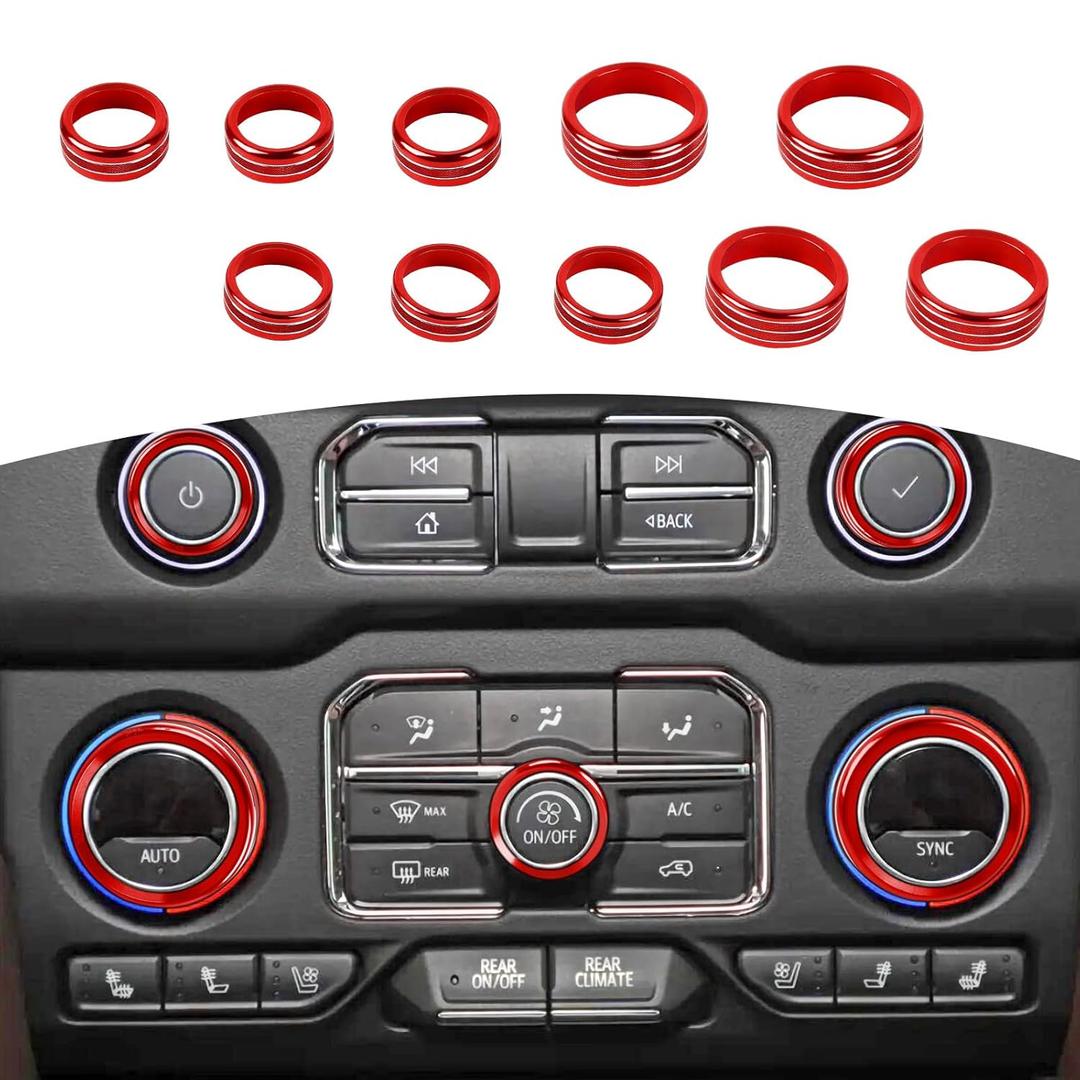 RT-TCZ for Silverado Console Control Knob Covers Trim Rings for Chevy Silverado 2019 up for Suburban 2020 up for Tahoe 2021 up Red Interior Accessories 10pcs