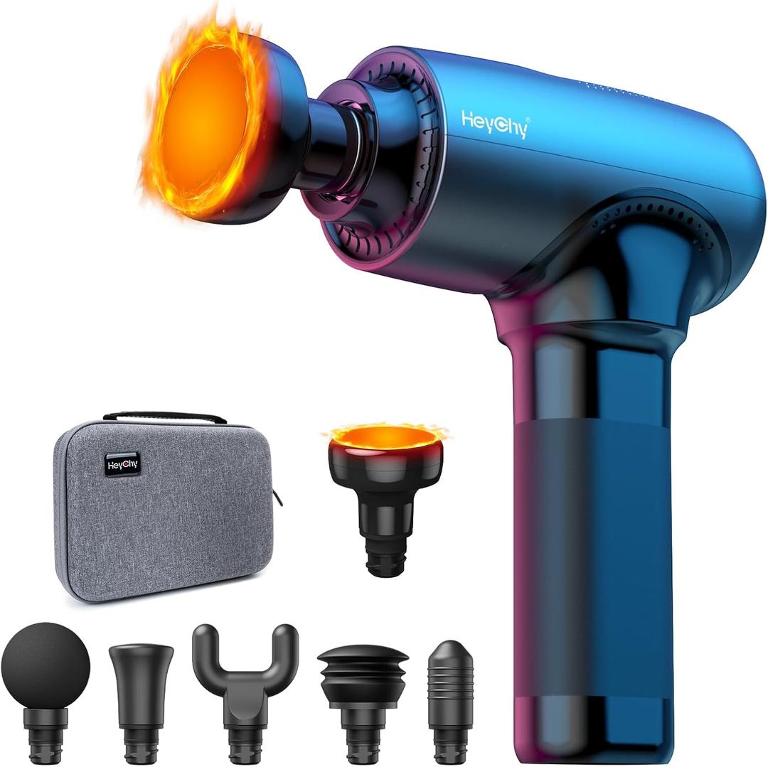 Massage Gun Deep Tissue with Heat Head, Handheld Muscle Back Massager with Carry Case, Portable Percussion Massager Gun with 6 Replacements for Athletes Pain Relief, FSA and HSA Eligible (With Heat)