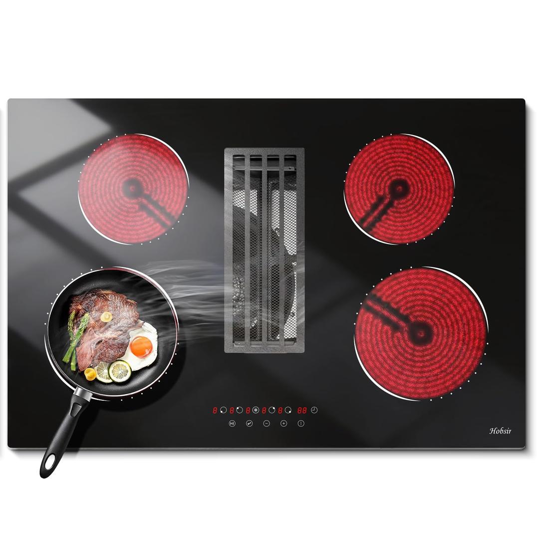 Hobsir Electric Cooktop 30 Inch with Downdraft, 4 Burner Radiant Cook top 6000W, Ductless Downdraft Electric Cooktop 496m/h, 30 Stove Top with 9 Power Level, Timer, Safety Lock, 220V