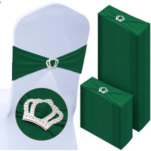 VitalCozy 100 Pcs Spandex Chair Sashes with Crown Buckle Slider Stretch Chair Bands Cover Ties for Wedding, Banquet, Gala, Corporate Event, Birthday Party, Baby Shower(Dark Green)