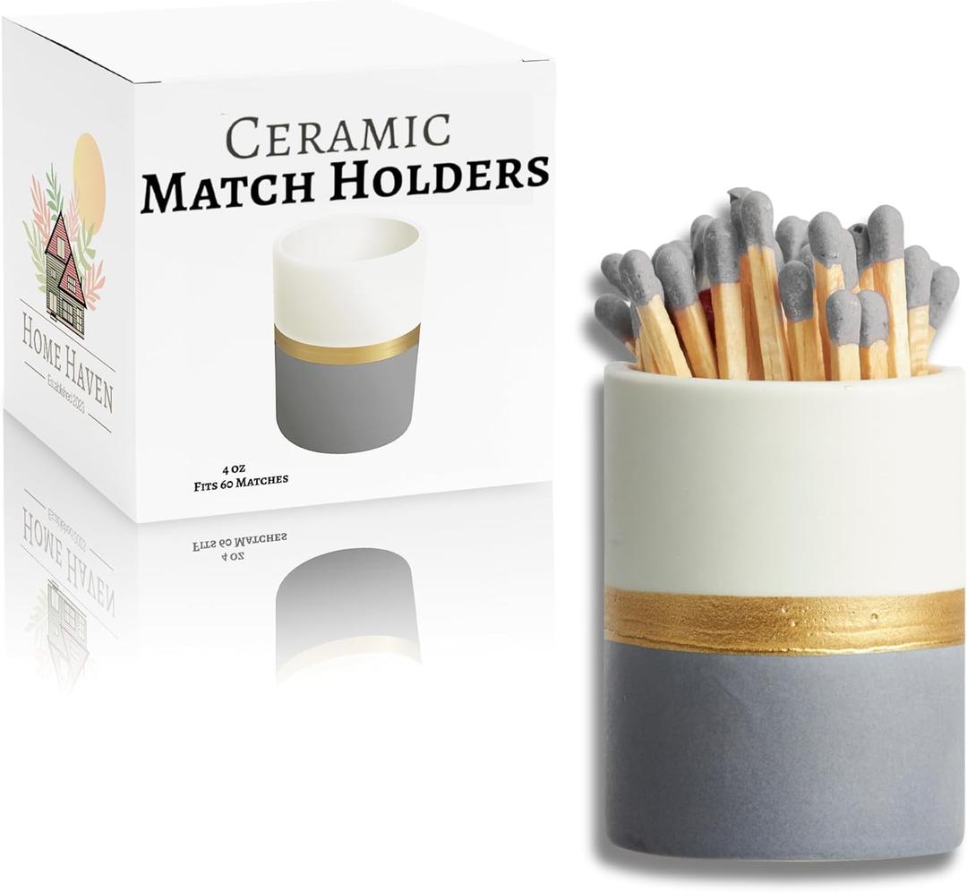 Ceramic Match Holder with Striker Pads - White/Navy/Gold - Decorative Matches in a Jar - Bathroom Matches Holder