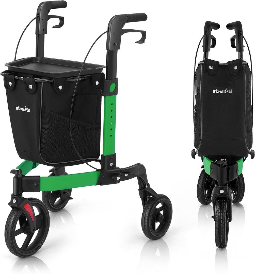 StrollAid 3 Wheel Walkers for Seniors, Foldable Rollator Walker with Tray & Large Storage Bag, 10" Big Wheel for All Terrain, 350 lb Weight Capacity, Green
