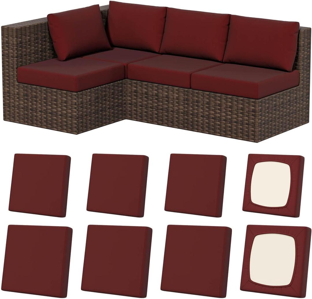 8Pcs Stretch Patio Cushion Covers, Outdoor Couch & Sofa Replacement Slipcovers for Patio Furniture Cushion Covers, Washable Reusable Furniture Protector (Square-large + Square-small, Wine-red)