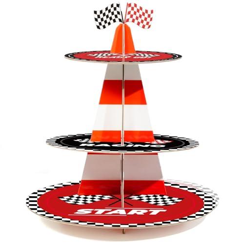 xbaiyanr 3-Tier Racing Traffic Cones Cupcake Stand for Race Car Birthday Party Decorations,Race Car Party Supplies, Paper Rounded Table Centerpiece for Cakes, Muffins, Macaroons