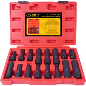 16pc Wheel Lock Removal Tool Kit, SAE & Metric Locking Lug Nut Master Key Set for Removing Locking Spline Star Hex and Fluted Hex Lug Nuts, Lug Nut Remover Set for Mechanics