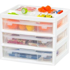 IRIS USA Fits 12" x 12" Paper, 3-Tier Desk Top Storage Unit with Organizer Top, for Office Art & Craft Supplies, Pens Pencils Sticky Notes Paper Clips, 3 Clear Cases w/ Built in Handle - White/Clear