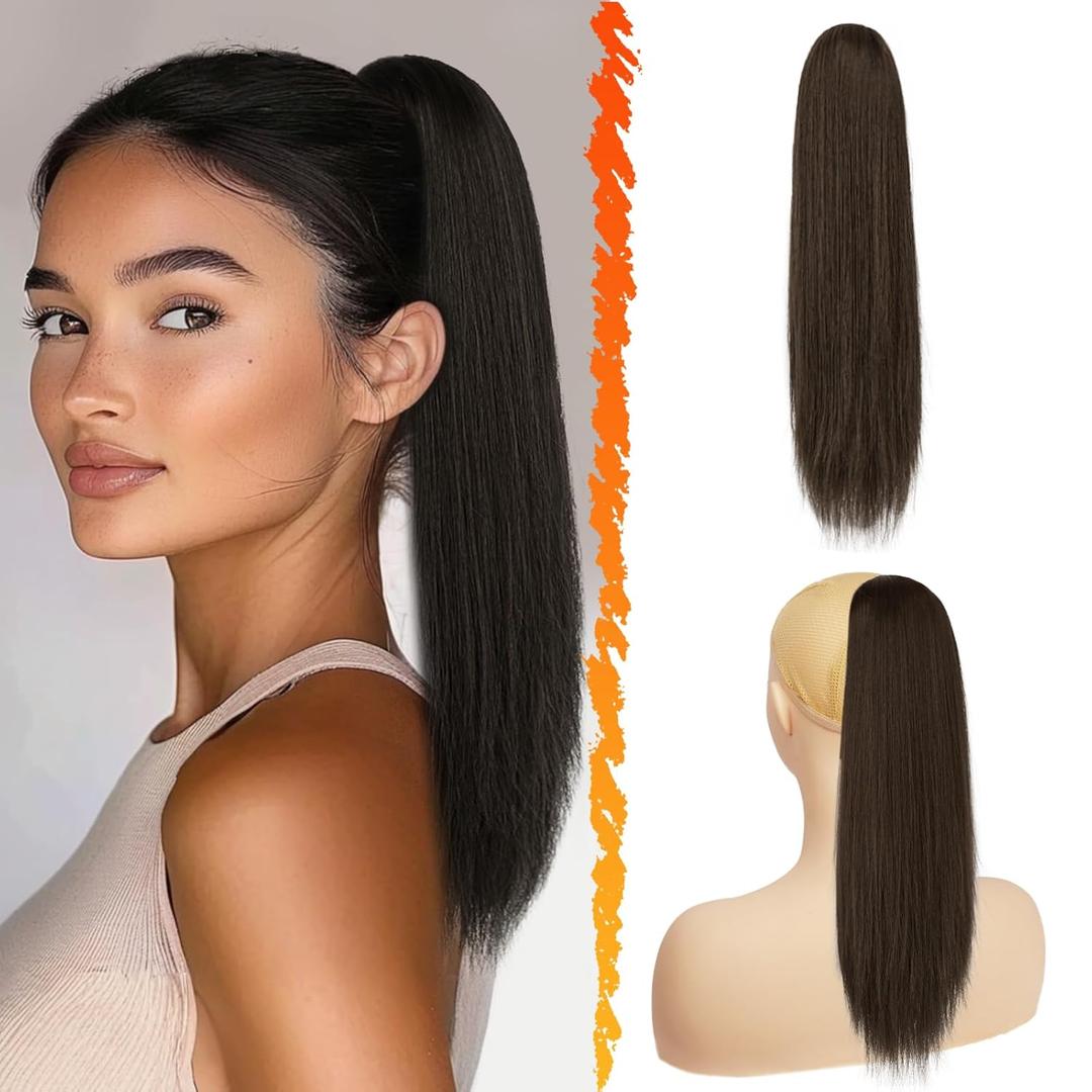 BARSDAR Brown Ponytail Extension - 16 Inch Short Straight Drawstring Ponytail Hair Extensions for Women, Soft Synthetic Clip in Pony Tails Hairpieces Fake Ponytail Daily - Brown