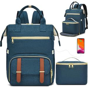 Lunch Backpack, 15.6 Inch Laptop Backpack with USB Port, Stylish Nurse, Teacher and Work Bag with Insulated Cooler Lunch Box for Women, Blue, Medium