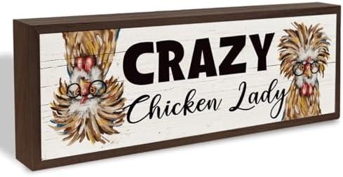 Funny Chicken Decors, Crazy Chicken Lady Sign, Hens Rooster Farm Decor, Chick Coop Sign, Rustic Framed Wooden Plaque, Farmhouse Home Decor 9.5x3.1x1 inches