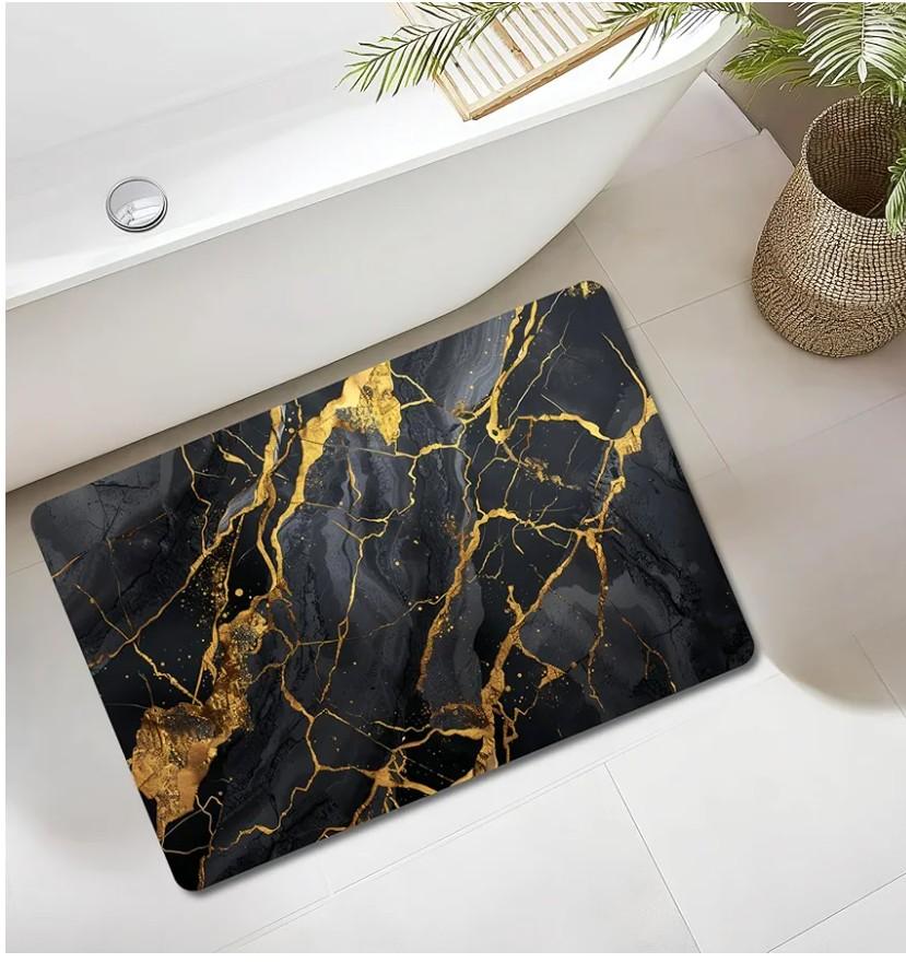 Bathroom Mat Rug Black Marble Patterned, Mat for Master Guest Bath Floor, Kitchen Bathroom Sink, Non-Slip, Ultra-Thin, Absorbent, Quick Dry, Aesthetic Bath Mat, Rubber Backing, 17 x 24 in