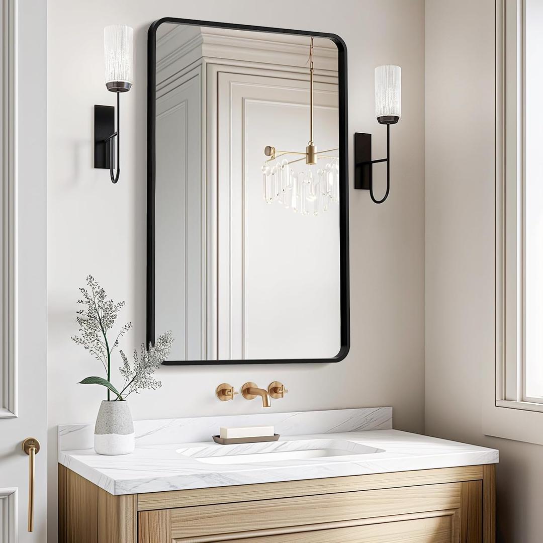 USHOWER Bathroom Mirrors for Over Sink, Metal Frame Rectangle Mirror, Modern Farmhouse Vanity Mirror, Wall Mounted for Bedroom, Living Room, Entryway Remodel & Upgrade, Matte Black, 24 x 36 Inch