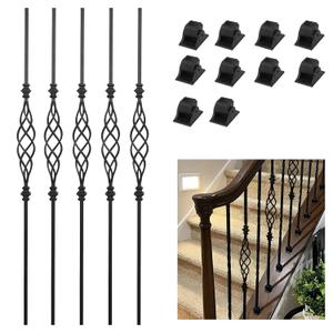 5-Pack Iron Stair Balusters for Staircase Interior, Hollow Big Basket Iron Spindles 1/2" Square Metal Balusters with Swivel Shoes