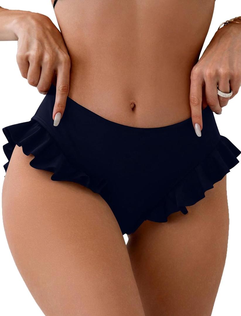 ZAFUL Women High Waist Bikini Bottom Side Mesh Spliced Tankini Swimsuit Swim Briefs Bathing Suit Bottom (XX-Large, 2-navy Blue)