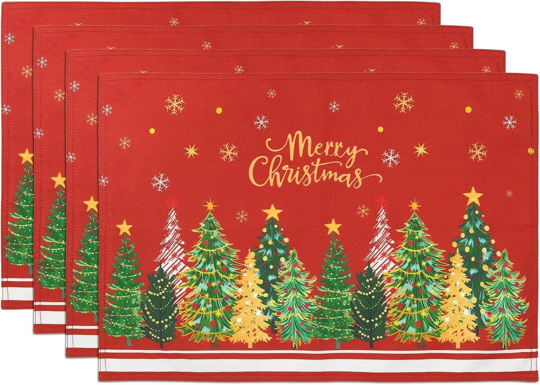 Christmas Tree Double-Layer Placemats, 1319, Set of 4 Washable Heat-Resistant Non-Slip Cloth Table Mats for Christmas Seasonal Holiday Decor