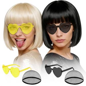 MEEZY 2 Pcs Neon Bob Wigs with Bangs Black Blonde for Women, Colorful Fun Wig Short Bob Hair with Heart Sunglasses Hair Cap for Halloween Costume Cosplay Photography Birthday Bachelorette Party
