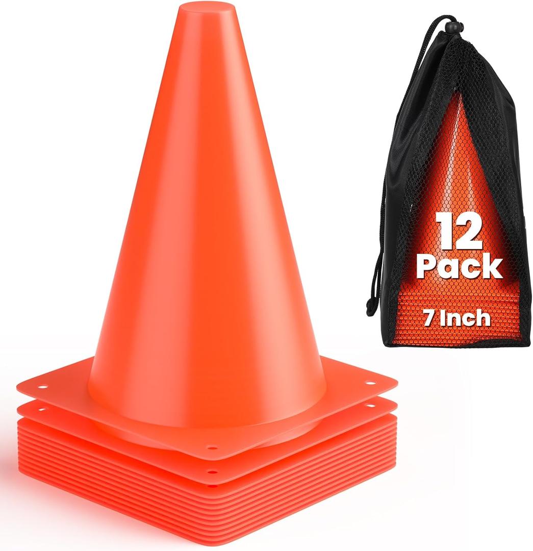 GHB Soccer Cones 7" of 12 Pack Disc Soccer Sport Cones Training Field Marker Agility Cones for Basketball, Coaching, Practice Equipment Includes Drills Guide