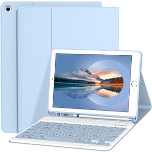 Keyboard Case for iPad 9.7 Inch 2018/2017 6th/5th Generation, Air 2/1 [Magnetic Detachable Wireless Keyboard][Support 3 System] Flip Stand Case with Pencil Holder for iPad 9.7, Light Blue