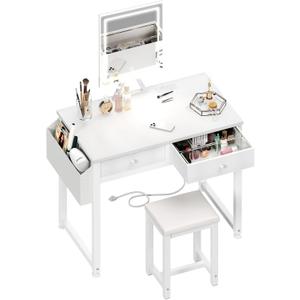 Lufeiya Small Makeup Vanity Desk with Fabric Drawers, 32 inch White Vanity Desks with Mirror and Light, Dressing Table and Chair Set with Power Outlet for Girls Bedroom, White