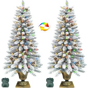 2 Pack 4 Ft Snow Flocked Christmas Entrance Tree in Pot Base with Timer 8 Mode 60 Warm White and Colorful Change Lights 12 Pine Cone Battery Operated for Porch Front Door Entryway Home