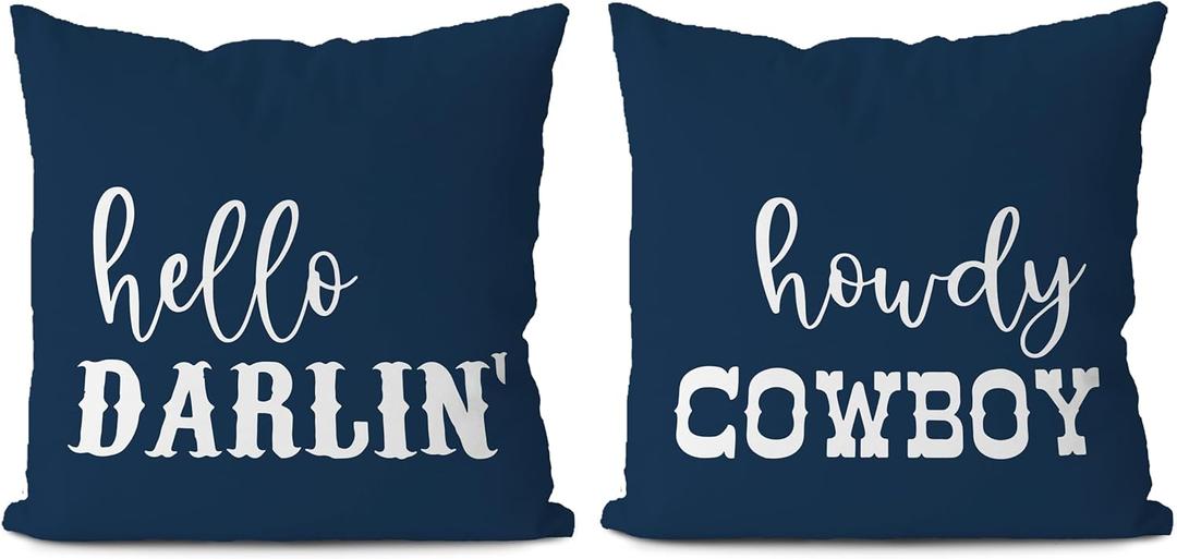 KEUSPI 394Hello Darlin Howdy Cowboy Western Throw Pillow Cover,Funny Couple Throw Pillow Case 1818 Inch Set of 2,Western Gifts,Cowboy Cowgirl Teen Girls Boys Gifts,Couples Valentine's Day Gift (Deep Blue)