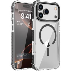 DEERLAMN Strong Magnetic Case for iPhone 17 Pro Max 6.9-Inch, [Compatible with Magsafe][Military Grade Drop Protection] Clear Slim Shockproof Protective Phone Cover-Transparent+Black