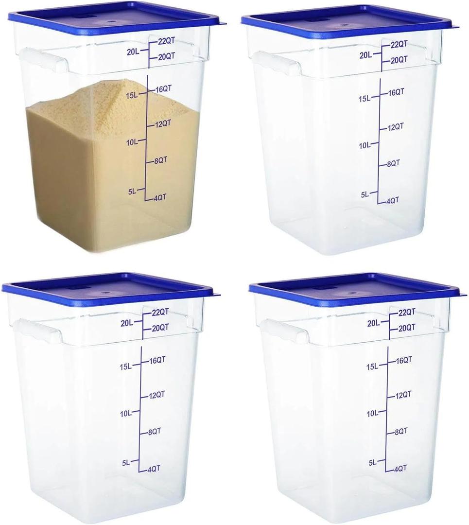 BIEAMA 4 Pack Food Storage Containers, 22 Quart with Lids, Square Commercial Containers with Scale, NSF, Polycarbonate, Clear, Small Pack of 4