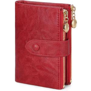 GAEKEAO Small Wallets for Women Leather RFID Blocking Bifold Double Zipper Pockets Wallet Card Case Purse with 2 ID Windows (Red)