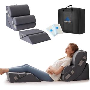 Ahpmeoa 6PCS Orthopedic Bed Wedge Pillow Set for Sitting up in Bed, Memory Foam Post Surgery Pillow for Back Pain Relief, Back Support Pillow for Acid Reflux Relief, GERD, Anti Snoring (Plush Grey)