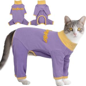 T'CHAQUE Sticky Hair Cat Onesie Pajamas, Soft Long Sleeve Cat Clothes, Anti-Shedding, Surgery Recovery Suit, Wound Protection & Preventing Licking, Kitten Sweaters for Male & Female, Purple-M