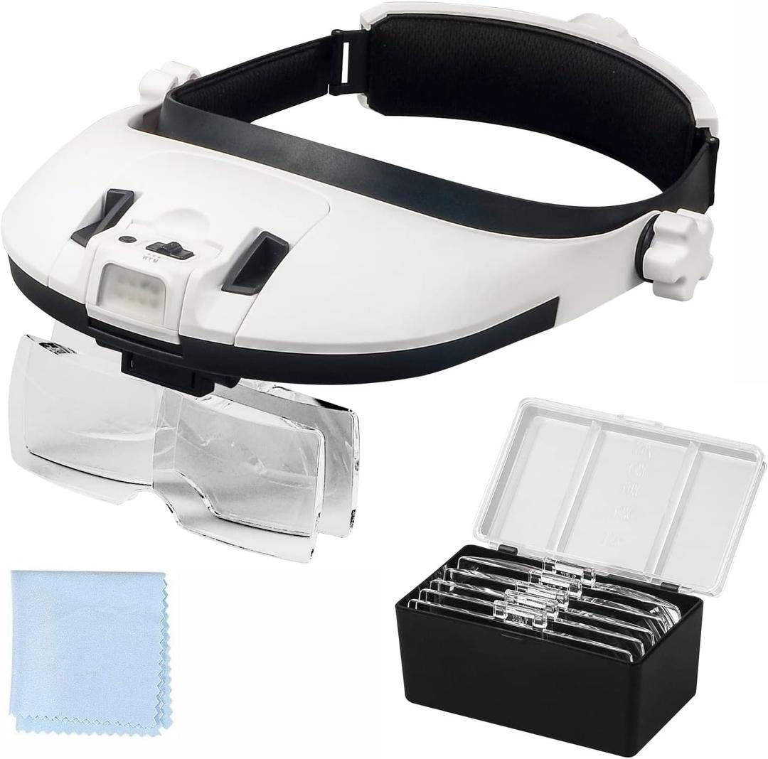 Large Lens Head Magnifier Headband Magnifying Glass with Light Hands free 8 LED Magnifier with White and Yellow Light for Close Work, Crafts, Hobby, Reading, Repairing, Sewing, Jewelry