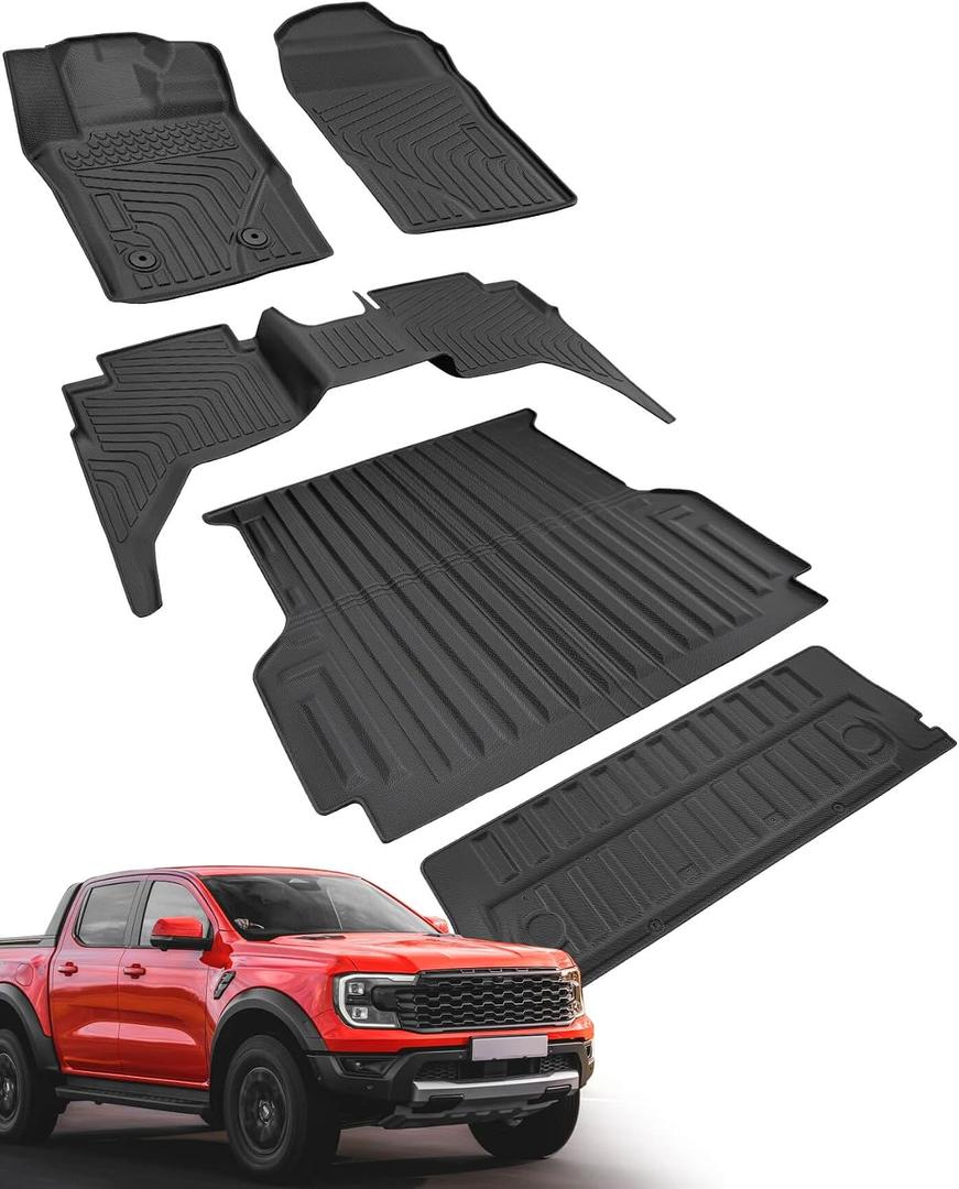 2024 2025 2026 Full Sets Floor Mats for Ford Ranger SuperCrew Cab | 5FT Bed Mat with Tailgate Mat, All Weather for Truck Bed Liners for XLT Raptor XL Lariat, HeavyDuty, Anti Slip Accessories