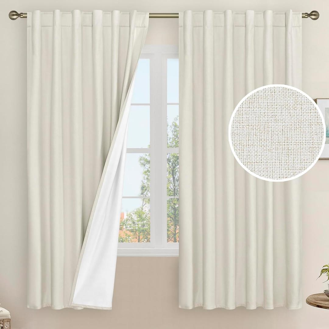LAMIT 100% Blackout Natural Polyester Curtains, 63 Inches Linen Textured Thermal Bedroom Curtains Back Tab and Rod Pocket Neutral Panels with White Liner for Farmhouse, 2 Panels, 52 x 63 Inch, Ivory