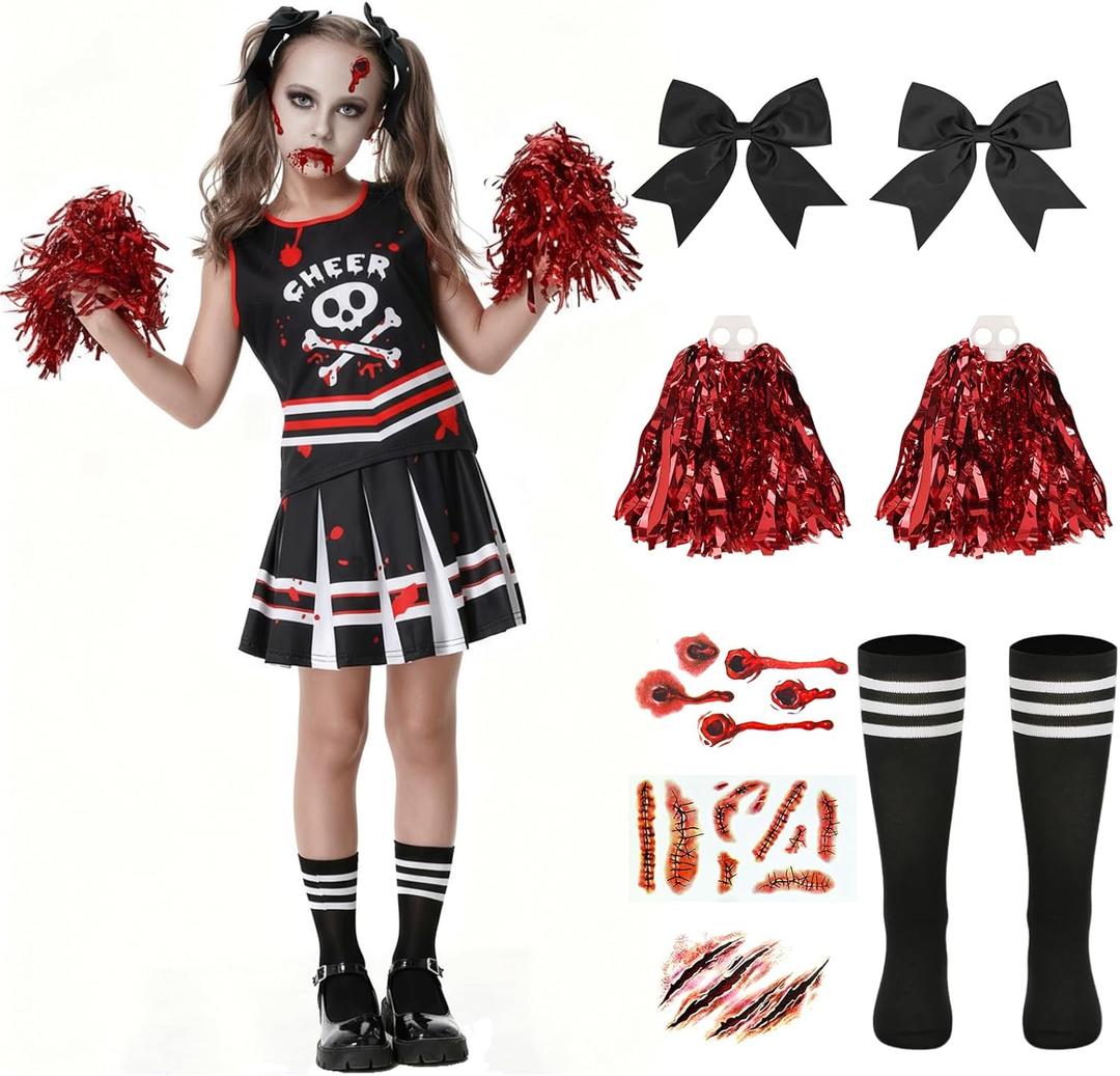 Halloween Cheerleader Costume for Girls, Zombie Cheer Uniform Outfit, Scary Cheerleading Costume for Party Dress Up (9-10Years)