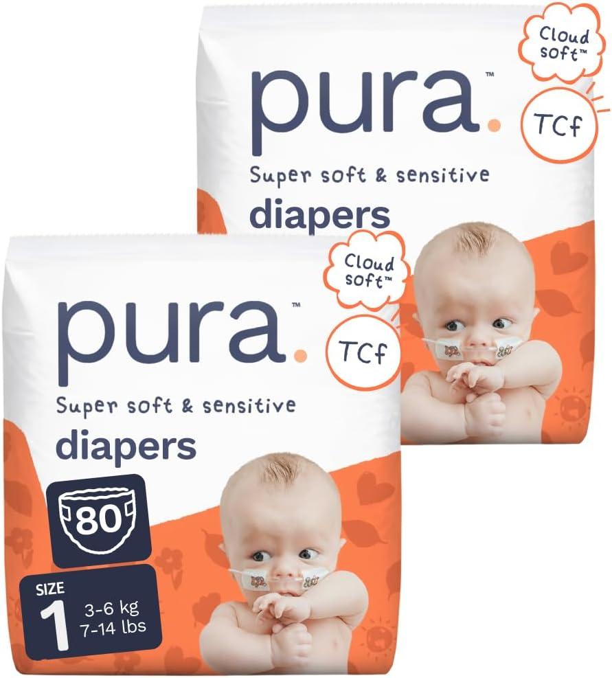 Pura Baby Diapers Size 1-80 Count, 7-14lbs, 12hr Leak Protection, Gentle Newborn Diapers, Hypoallergenic & Sensitive Baby Skin, Toxin-Free*, Blowout Blocker, Wetness Indicator