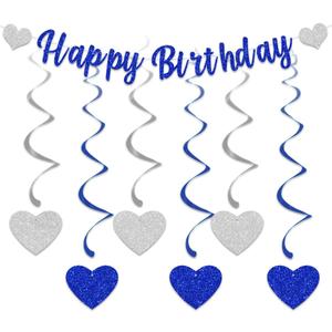 Pre-assembled Happy Birthday Banners with 6 Pieces Hanging Swirl Sweet Heart Glitter Bunting Banner For Women Girls for Birthday Party Decorations Backdrop Blue Silver