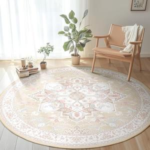BESTSWEETIE 6ft Area Rugs for Living Room Washable Non Slip Carpet Low Pile Soft Vintage Print Pattern Rug for Bedroom Dining Room Kitchen Entryway Indoor-Cream/Light Yellow/Brown/Blue/Red/Pink