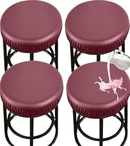 PU Bar Stool Covers - Waterproof, Washable Round Seat Covers with Elastic Bands for 12-17 Inch Chairs (4Pcs, Red)
