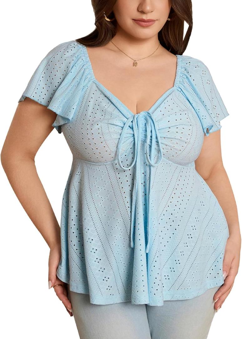 Milumia Women's Plus Size Tie Front Tops Eyelet Embroidery Sweetheart Neck Ruffle Short Sleeve Casual Tee Blouse Shirt (X-Large Plus, Blue)