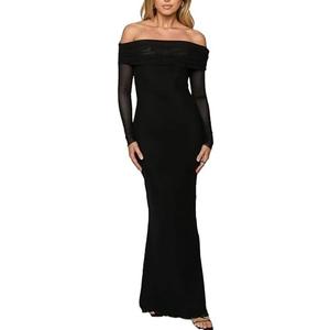 BORIFLORS Women's Elegant Off The Shoulder Bodycon Long Sleeve Maxi Dress Mesh Cocktail Party Wedding Guest Formal Dresses Medium