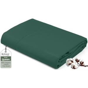 Royale Linens 100% Organic Cotton Queen Flat Sheet Only - Super Soft - Percale Top Sheets - Queen Flat Sheet Sold Separately - Breathable, Cool & Crisp Sheets Only (90" x 102", Hunter Green)