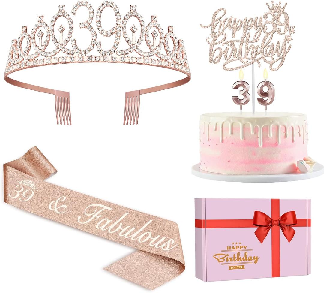 Juesly 39th Birthday Decorations, Rose Gold Sash, Crown, Candles & Cake Topper, Set of 6 for Women