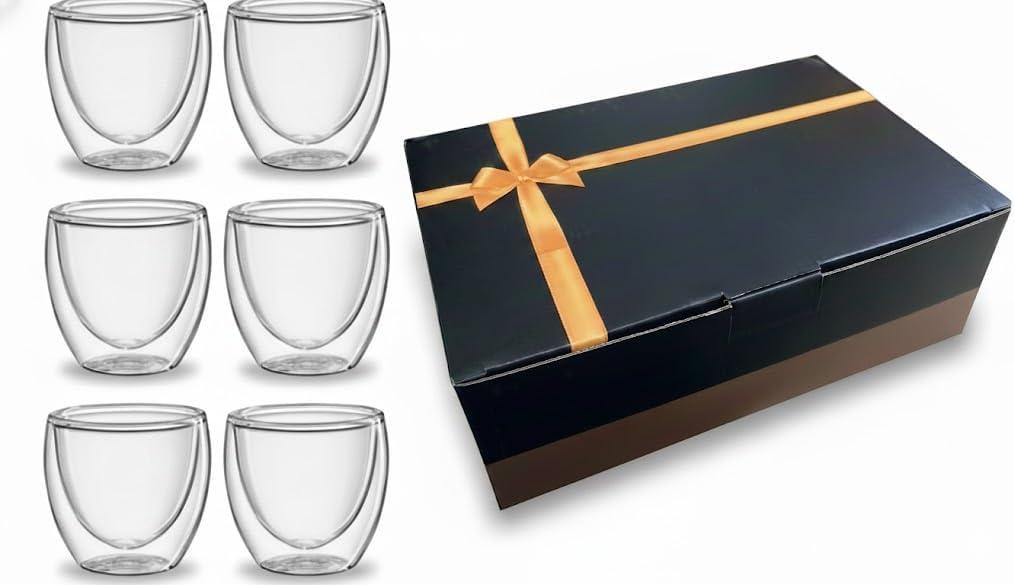 TEEM Double Wall Espresso Cups Set of 6, 2.7oz (80ml) Borosilicate Glass – Insulated Shot Glasses Hot and Cold Drinks, Heat Resistant, Dishwasher & Microwave Safe, Gift Box - Coffee, Tea, Liqueur
